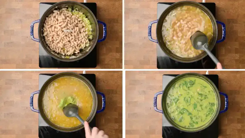 A bowl of vibrant green curry soup, centrally positioned in the image. The soup is filled with various vegetables, including diced zucchini, sweet potatoes, green beans, and white beans. Small pieces of onion are also visible. The soup's vibrant green color comes from herbs and spices, creating a rich, savory visual. The soup is thick and appears creamy, with visible pieces of vegetables throughout. The bowl is white, and the wooden table underneath is a dark brown. The lighting is even, highlighting the colors of the soup and vegetables, and casting no strong shadows. The perspective is directly overhead, looking down into the bowl. The composition is focused on showcasing the soup's contents in detail. The overall atmosphere is warm and inviting, suggesting a healthy and delicious meal.