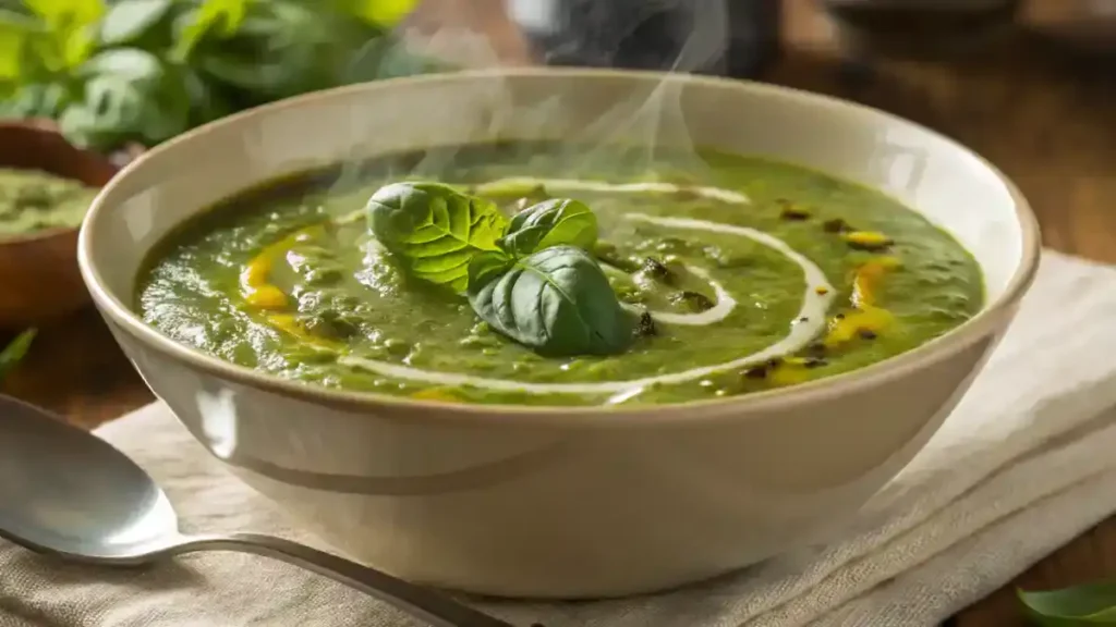 A bowl of vibrant green curry soup, centrally positioned in the image. The soup is filled with various vegetables, including diced zucchini, sweet potatoes, green beans, and white beans. Small pieces of onion are also visible. The soup's vibrant green color comes from herbs and spices, creating a rich, savory visual. The soup is thick and appears creamy, with visible pieces of vegetables throughout. The bowl is white, and the wooden table underneath is a dark brown. The lighting is even, highlighting the colors of the soup and vegetables, and casting no strong shadows. The perspective is directly overhead, looking down into the bowl. The composition is focused on showcasing the soup's contents in detail. The overall atmosphere is warm and inviting, suggesting a healthy and delicious meal.