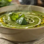 A bowl of vibrant green curry soup, centrally positioned in the image. The soup is filled with various vegetables, including diced zucchini, sweet potatoes, green beans, and white beans. Small pieces of onion are also visible. The soup's vibrant green color comes from herbs and spices, creating a rich, savory visual. The soup is thick and appears creamy, with visible pieces of vegetables throughout. The bowl is white, and the wooden table underneath is a dark brown. The lighting is even, highlighting the colors of the soup and vegetables, and casting no strong shadows. The perspective is directly overhead, looking down into the bowl. The composition is focused on showcasing the soup's contents in detail. The overall atmosphere is warm and inviting, suggesting a healthy and delicious meal.