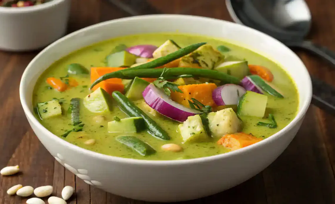 Soupe au pistou A bowl of vibrant green curry soup, centrally positioned in the image. The soup is filled with various vegetables, including diced zucchini, sweet potatoes, green beans, and white beans. Small pieces of onion are also visible. The soup's vibrant green color comes from herbs and spices, creating a rich, savory visual. The soup is thick and appears creamy, with visible pieces of vegetables throughout. The bowl is white, and the wooden table underneath is a dark brown. The lighting is even, highlighting the colors of the soup and vegetables, and casting no strong shadows. The perspective is directly overhead, looking down into the bowl. The composition is focused on showcasing the soup's contents in detail. The overall atmosphere is warm and inviting, suggesting a healthy and delicious meal.