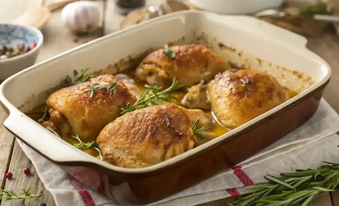 Cuisses de poulet au four dorées et juteuses dans un plat de cuisson