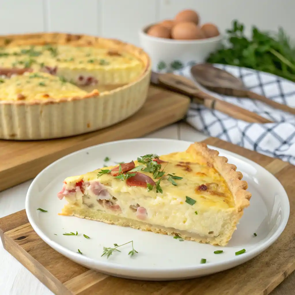 Homemade Recette Quiche Lorraine with lardons and creamy egg mixture.