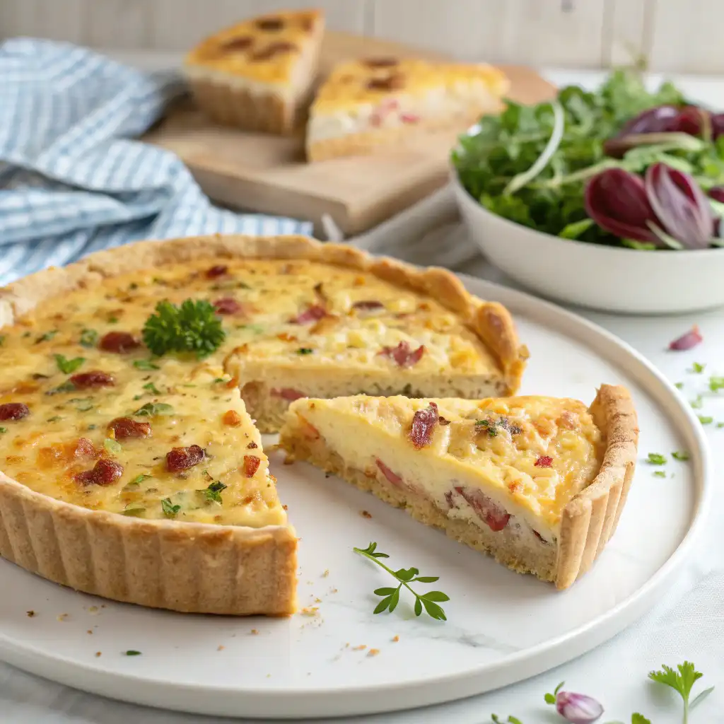 Slice of Recette Quiche Lorraine served on a plate with salad.