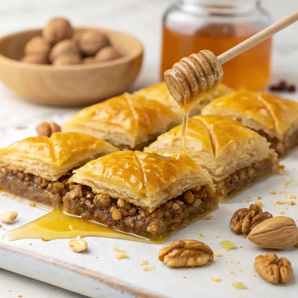Baklava recette facile, servi avec sirop de miel et garniture de noix