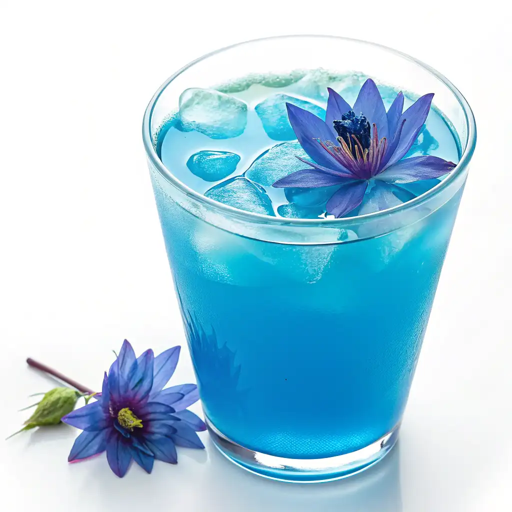 Recette de le lotus bleu servie avec crème fouettée et paillettes comestibles