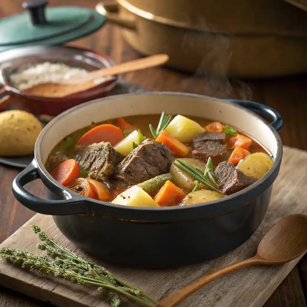 Pot au feu recette traditionnelle française avec viande tendre, légumes racines et os à moelle dans un bouillon doré.