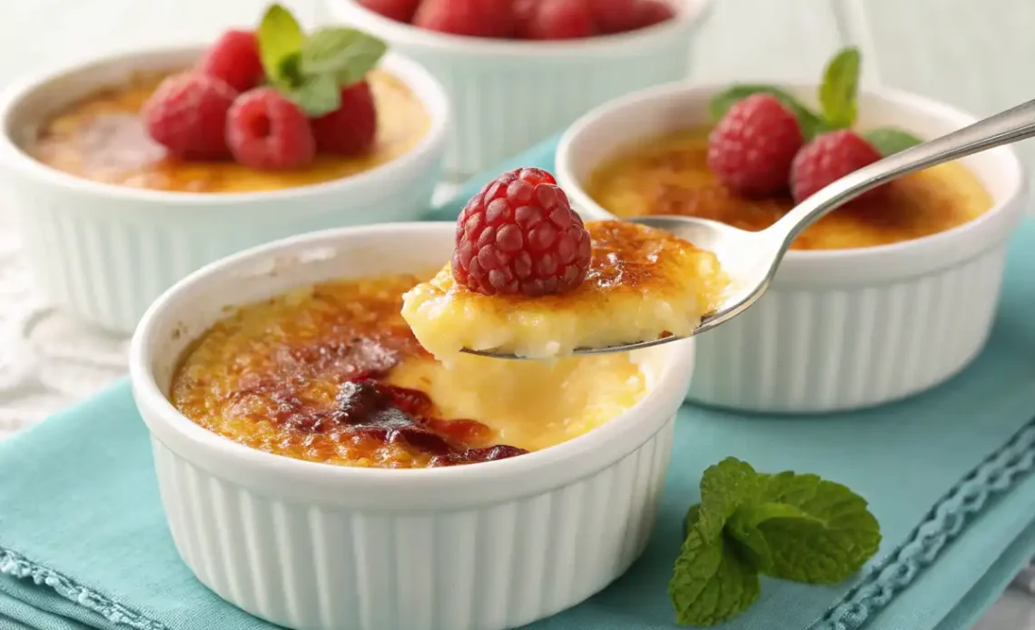 Three ramekins of crème brûlée garnished with fresh raspberries and mint leaves