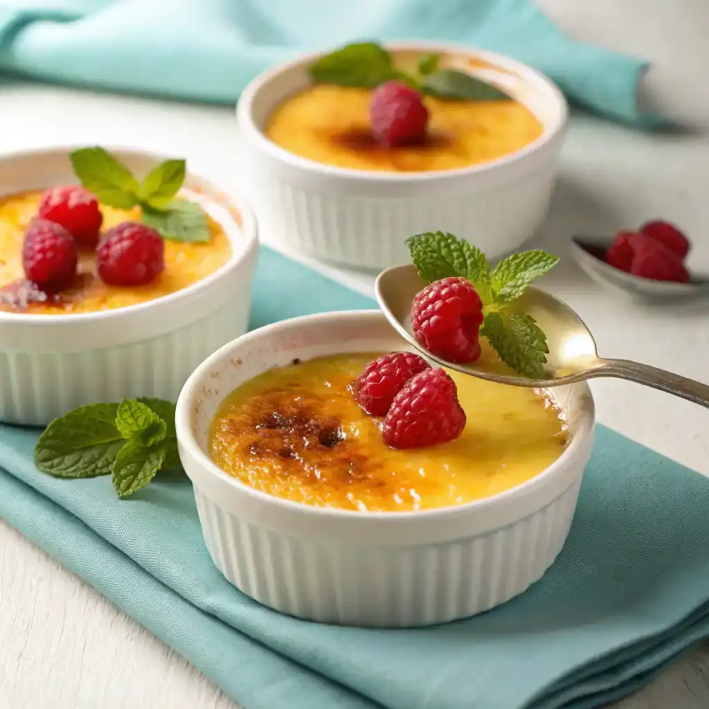 Spoon lifting creamy custard from a crème brûlée, showing smooth texture beneath caramel layer.