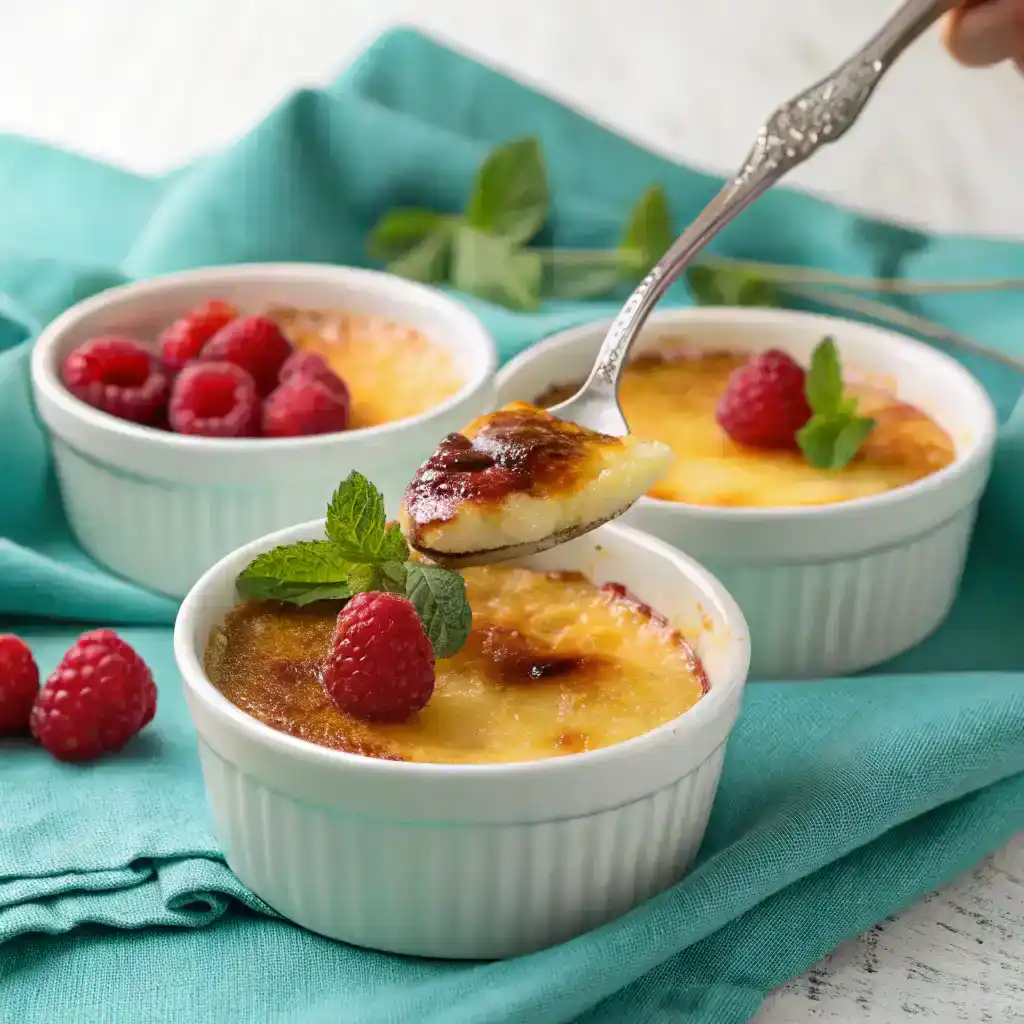 Close-up of a crème brûlée with a perfectly caramelized golden-brown top