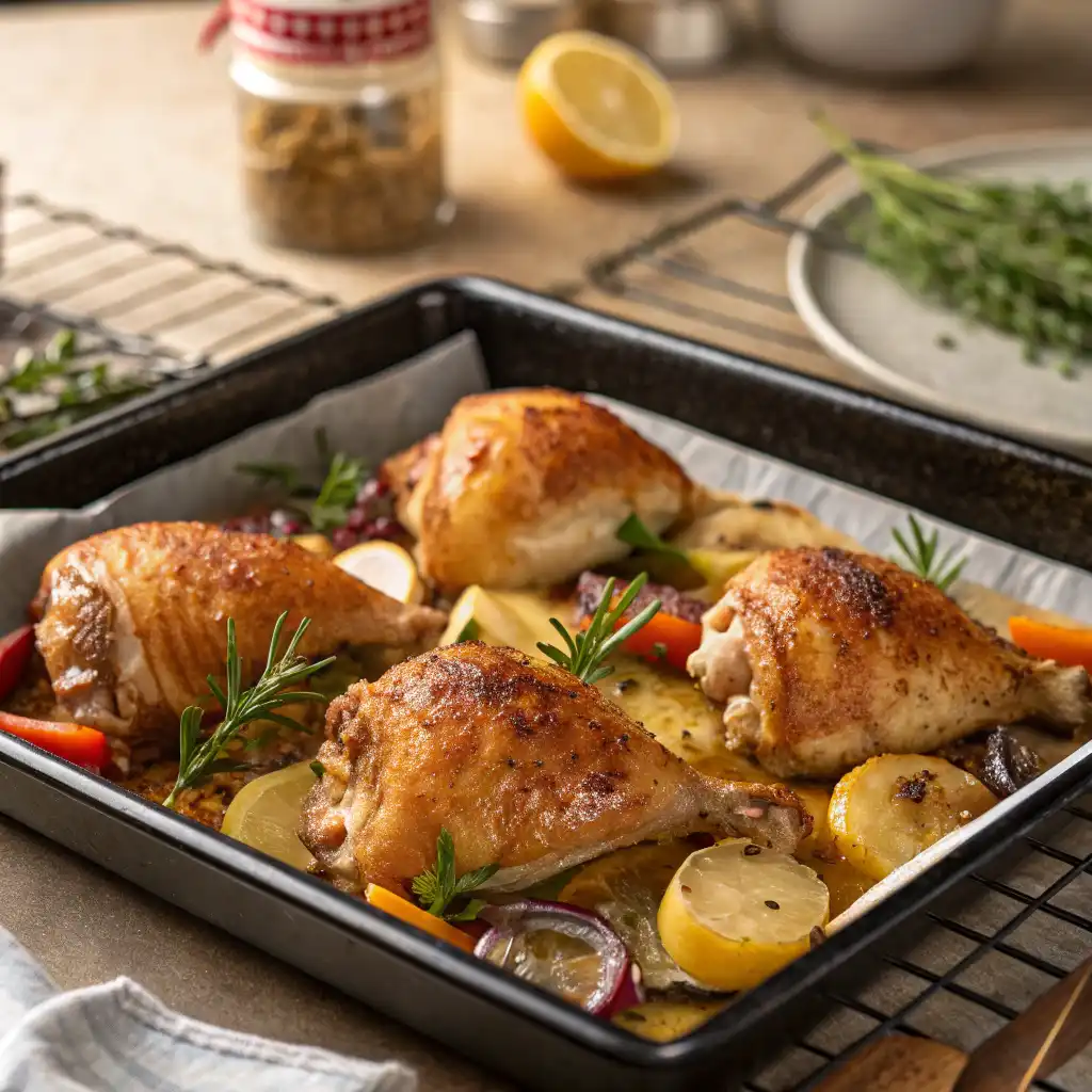 Cuisses de poulet maison parfaitement dorées dans un four chaud.