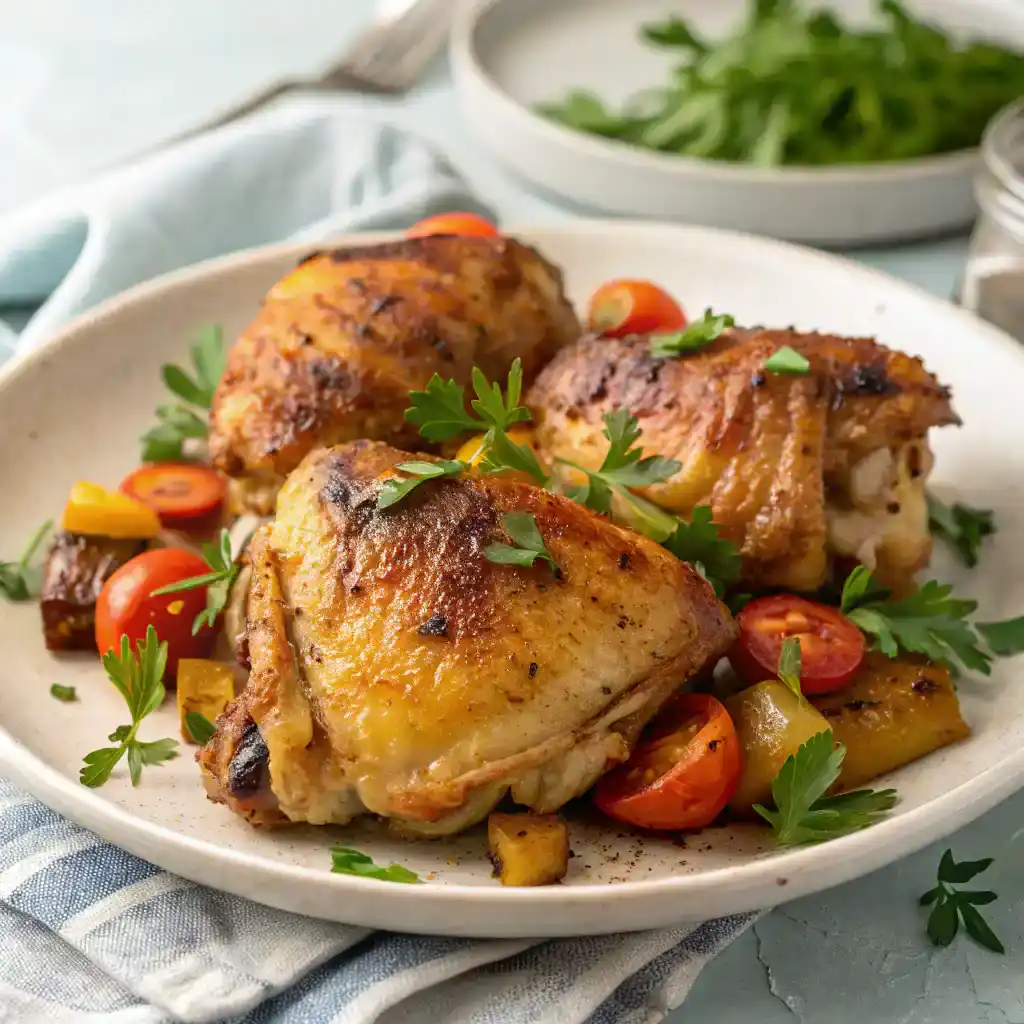 Dîner familial avec cuisses de poulet au four croustillantes et savoureuses.