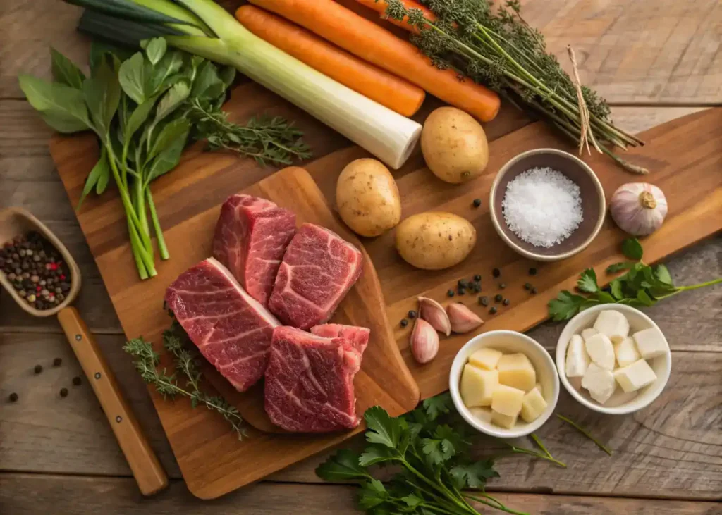 Pot au feu recette traditionnelle française avec viande tendre, légumes racines et os à moelle dans un bouillon doré.