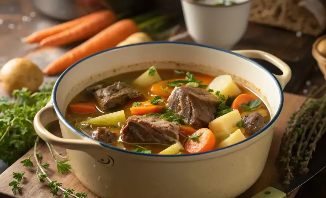 Bouillon doré de Pot au feu recette avec herbes fraîches comme thym, persil et feuilles de laurier, entouré de légumes et viande tendre.