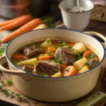 Bouillon doré de Pot au feu recette avec herbes fraîches comme thym, persil et feuilles de laurier, entouré de légumes et viande tendre.