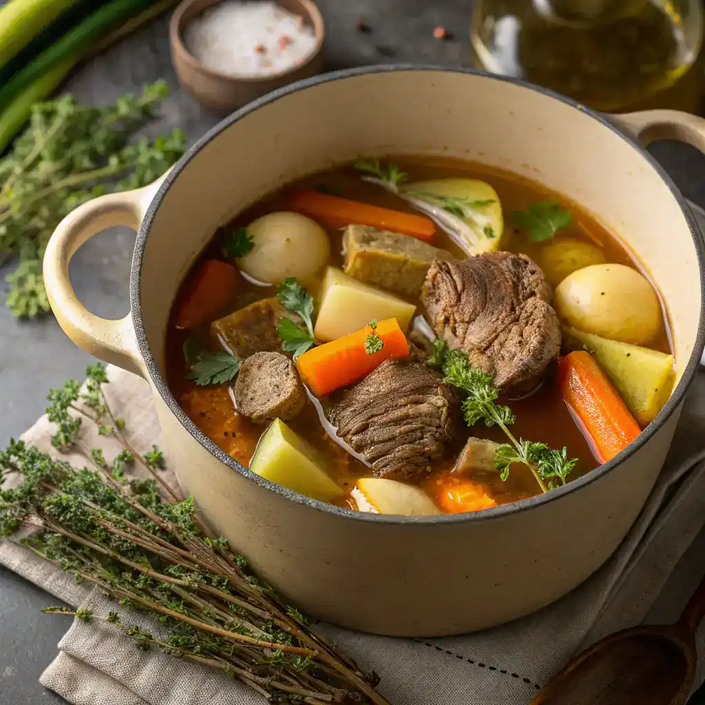 Pot au feu servi dans une assiette avec tranches de rôti, jarrets de bœuf, légumes colorés, os à moelle et condiments comme crème fraîche, raifort et moutarde.