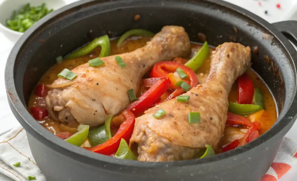 Préparation d’un poulet basquaise authentique dans une cocotte en fonte.