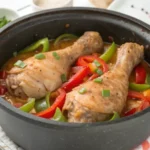 Préparation d’un poulet basquaise authentique dans une cocotte en fonte.