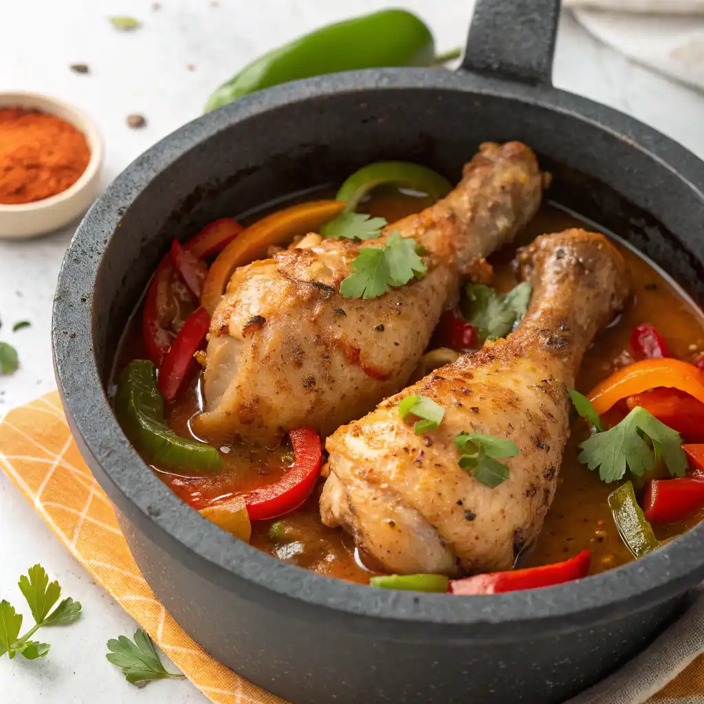 Poulet basquaise mijoté avec légumes frais du Sud-Ouest.