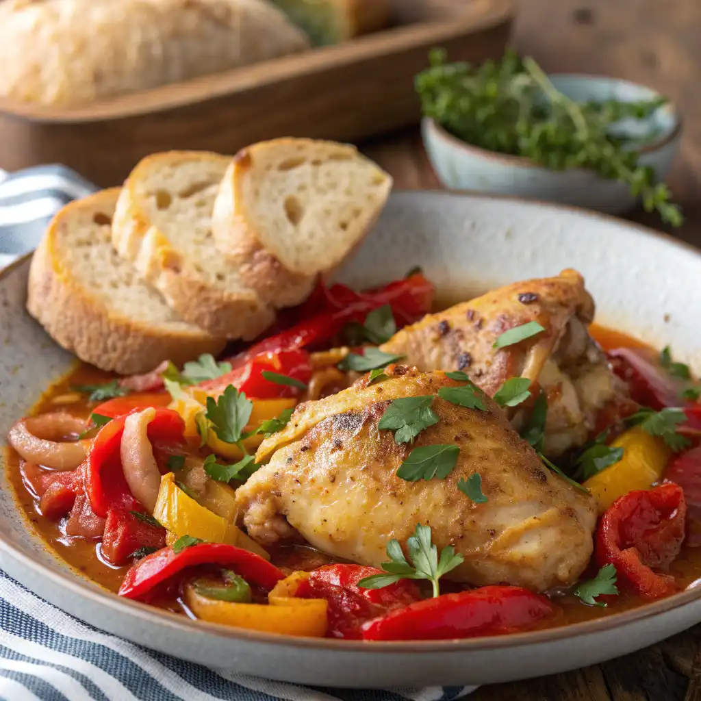Assiette de poulet basquaise maison avec poivrons et tomates colorés.