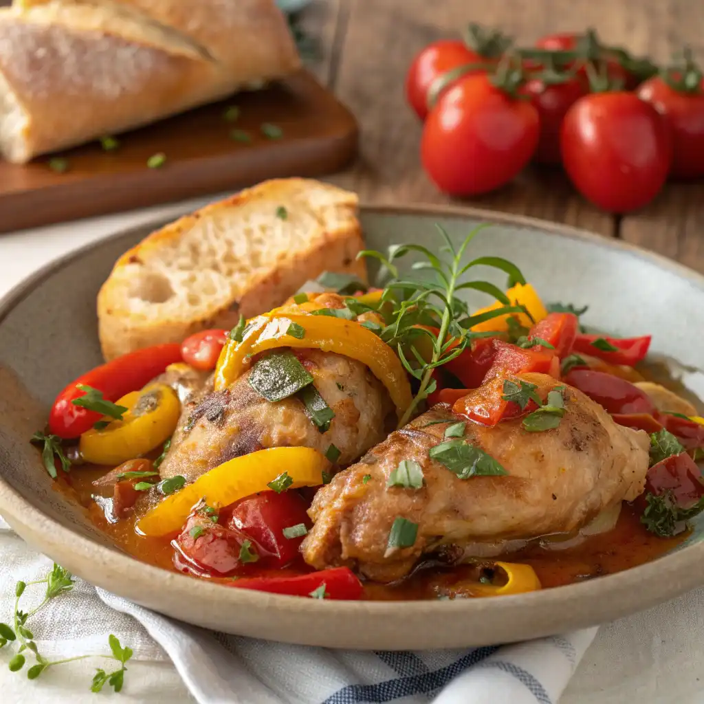 Gros plan sur un poulet basquaise traditionnel prêt à servir.