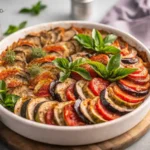 Une assiette de ratatouille recette servie tiède, prête à déguster.