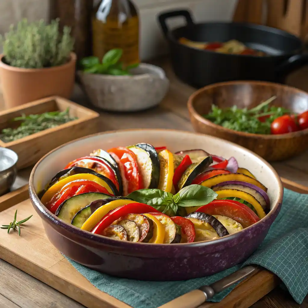 Photo d’une ratatouille recette maison avec légumes colorés et appétissants.