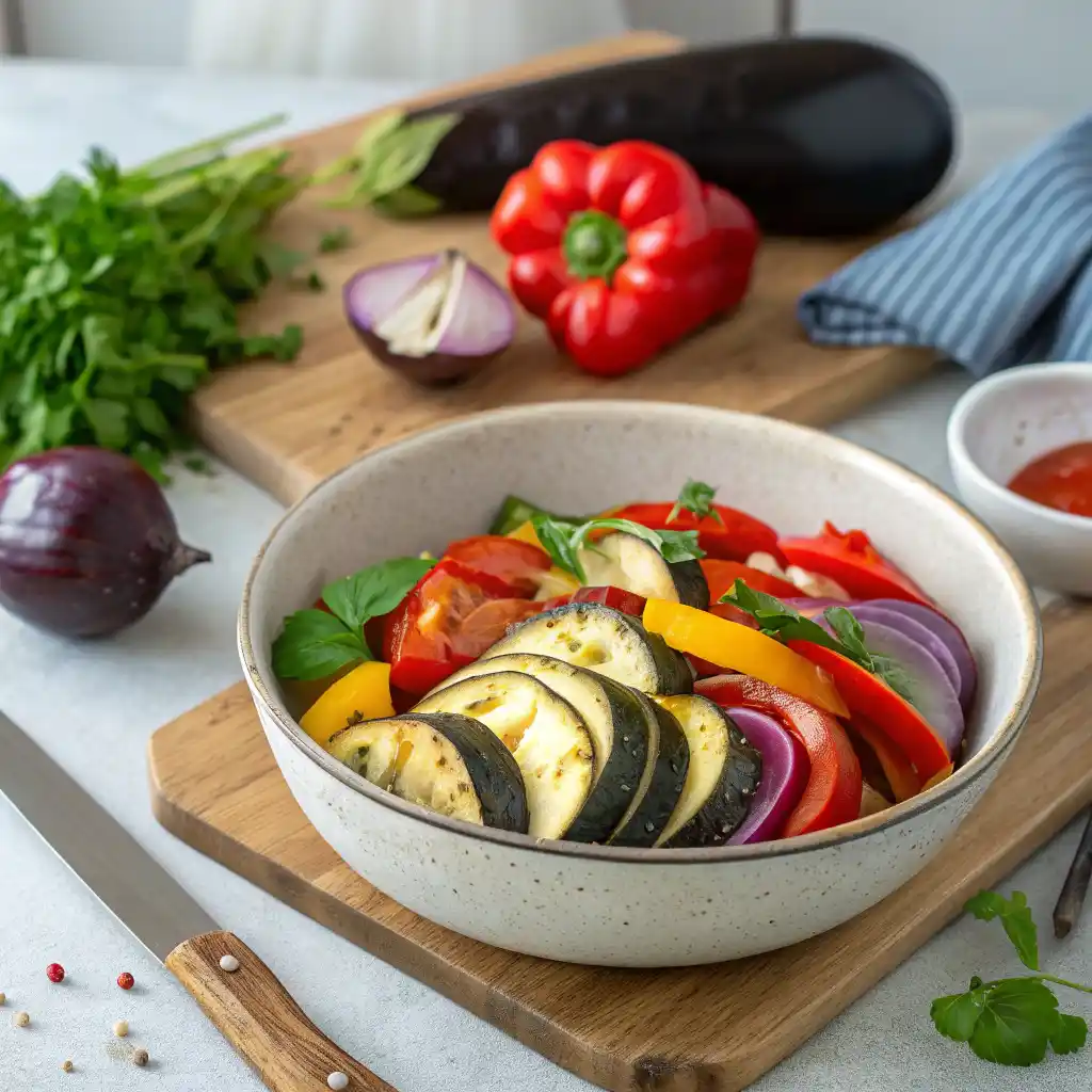 Gros plan sur une ratatouille recette traditionnelle, riche en aubergines, courgettes et poivrons.