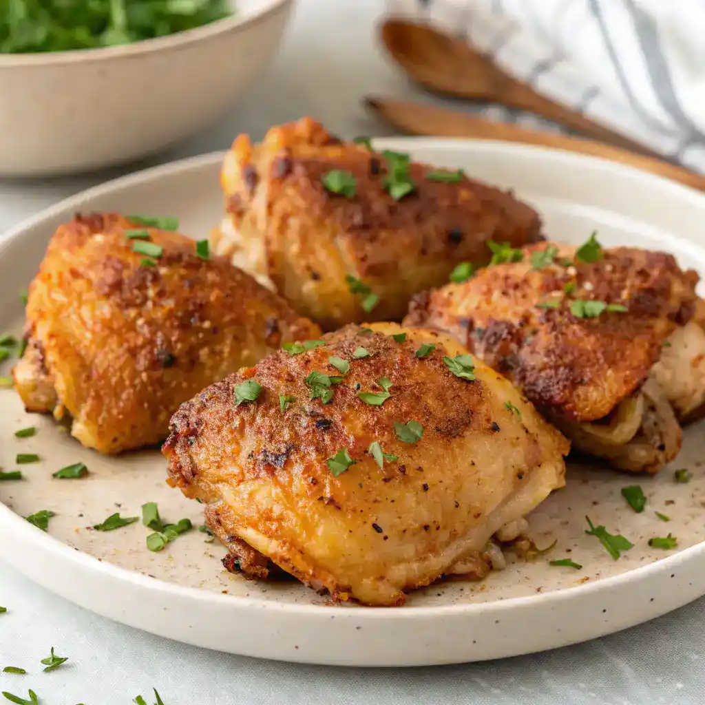 Plat de cuisses de poulet au four prêt à servir avec des herbes fraîches