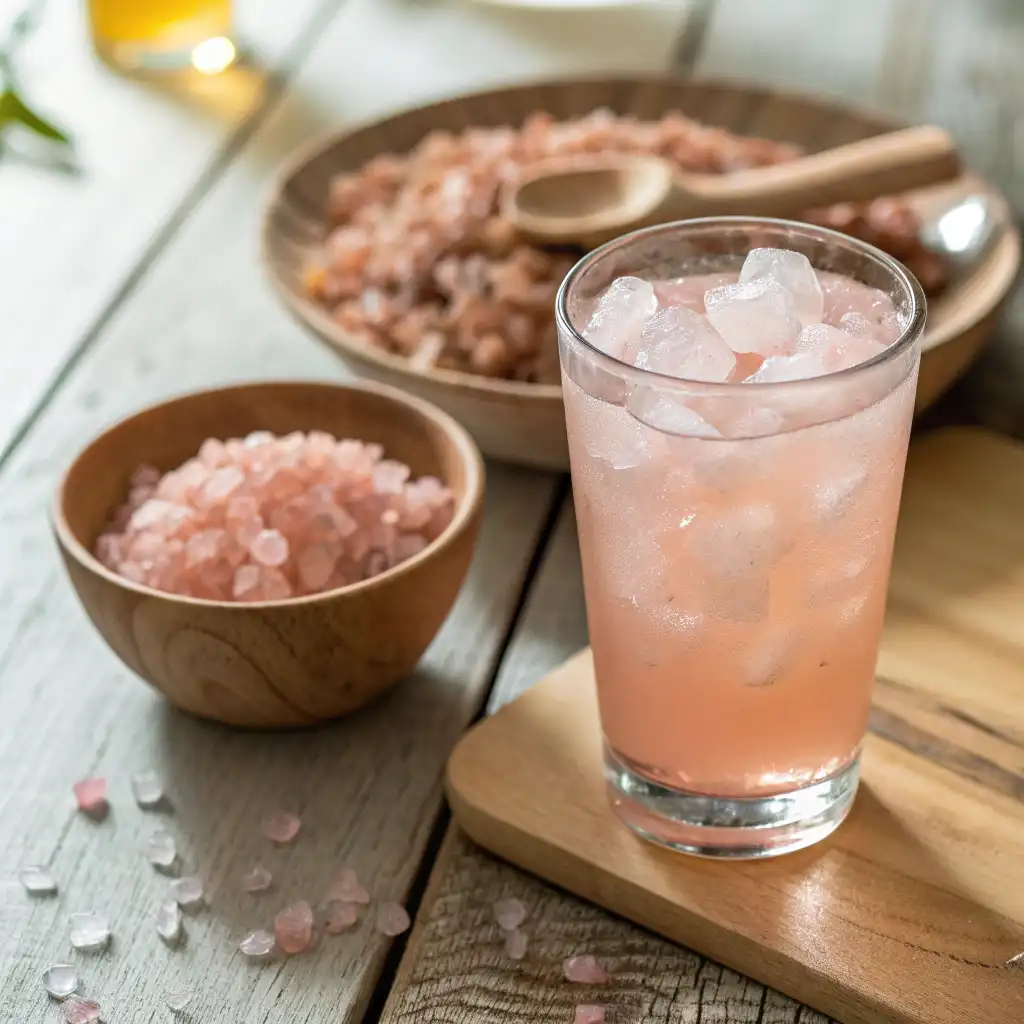 Préparation étape par étape de la recette sel rose pour maigrir dans un bocal en verre.