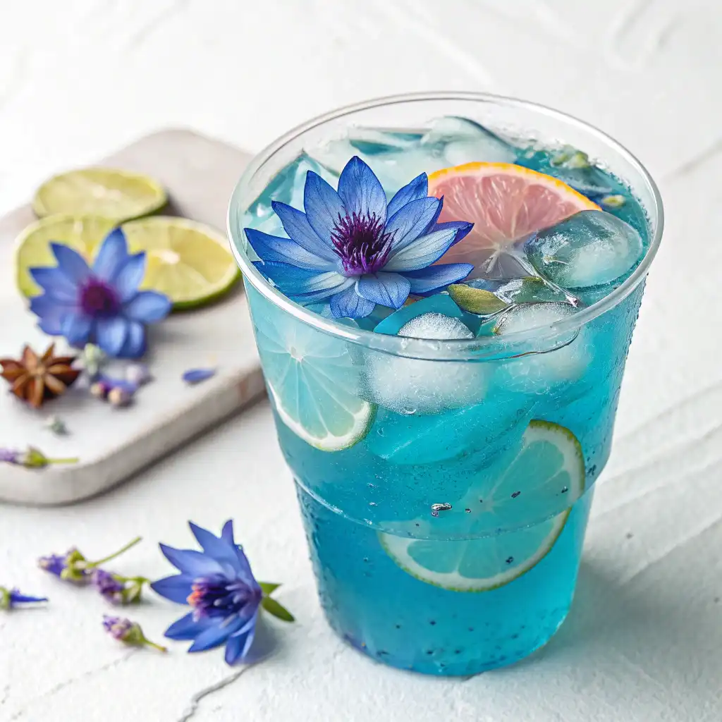Couches vibrantes de la boisson le lotus bleu dans un verre transparent