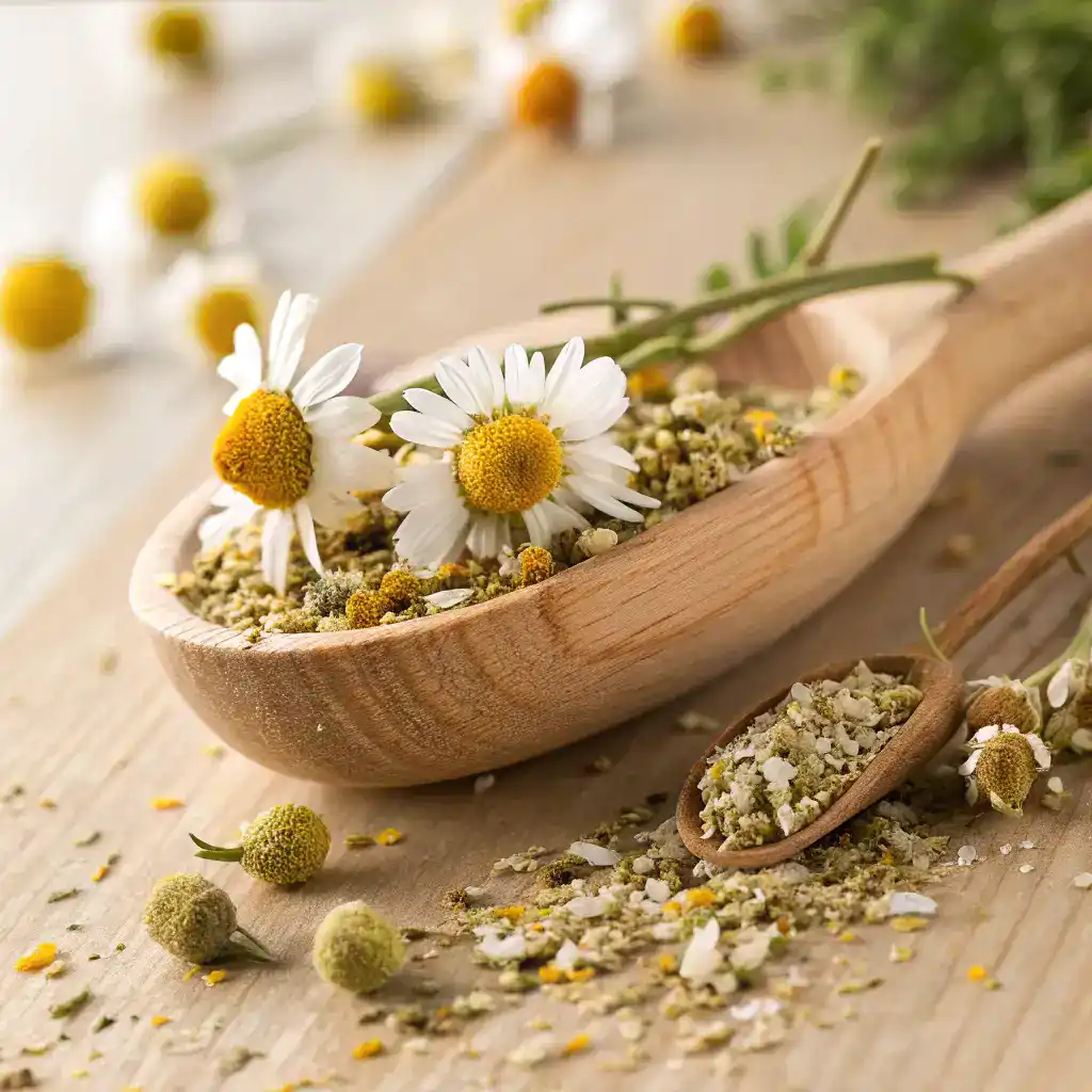 Fleurs fraîches de camomille utilisées pour préparer une tisane apaisante.