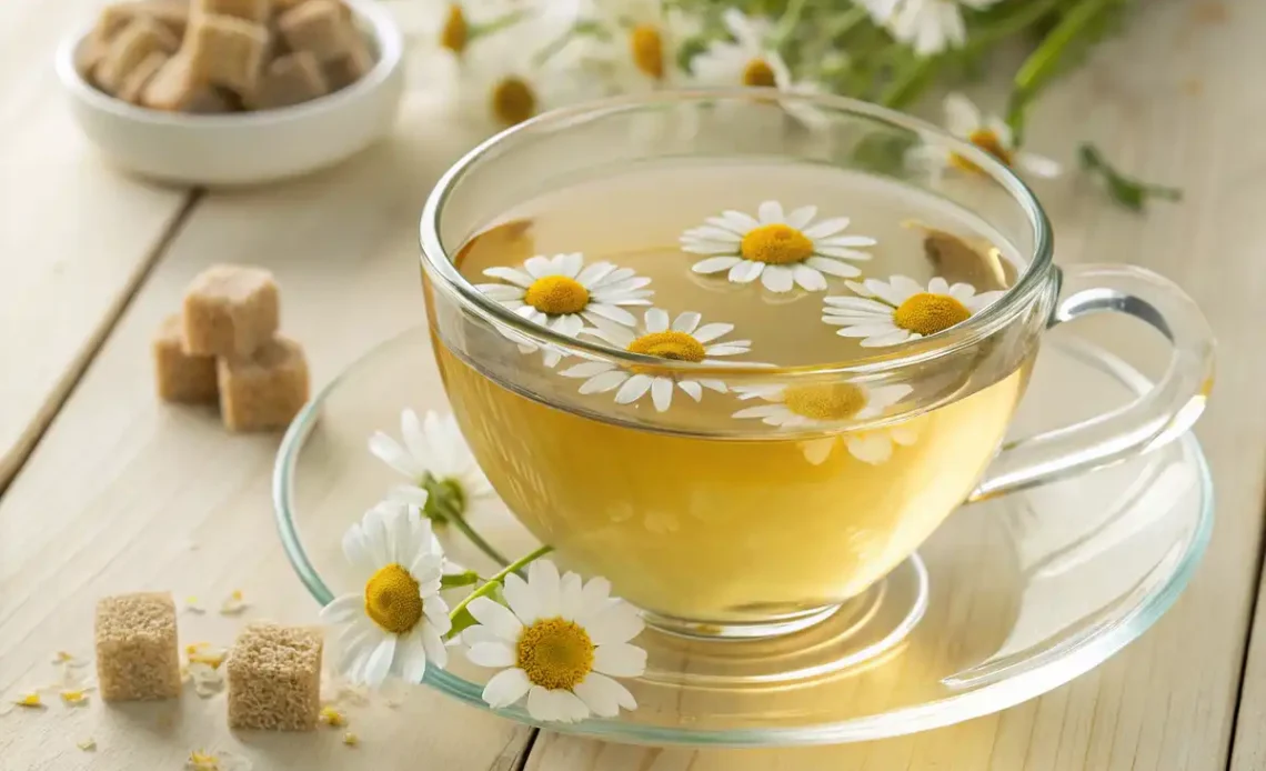 Tisane à la Camomille dans une tasse en verre, prête à être dégustée.