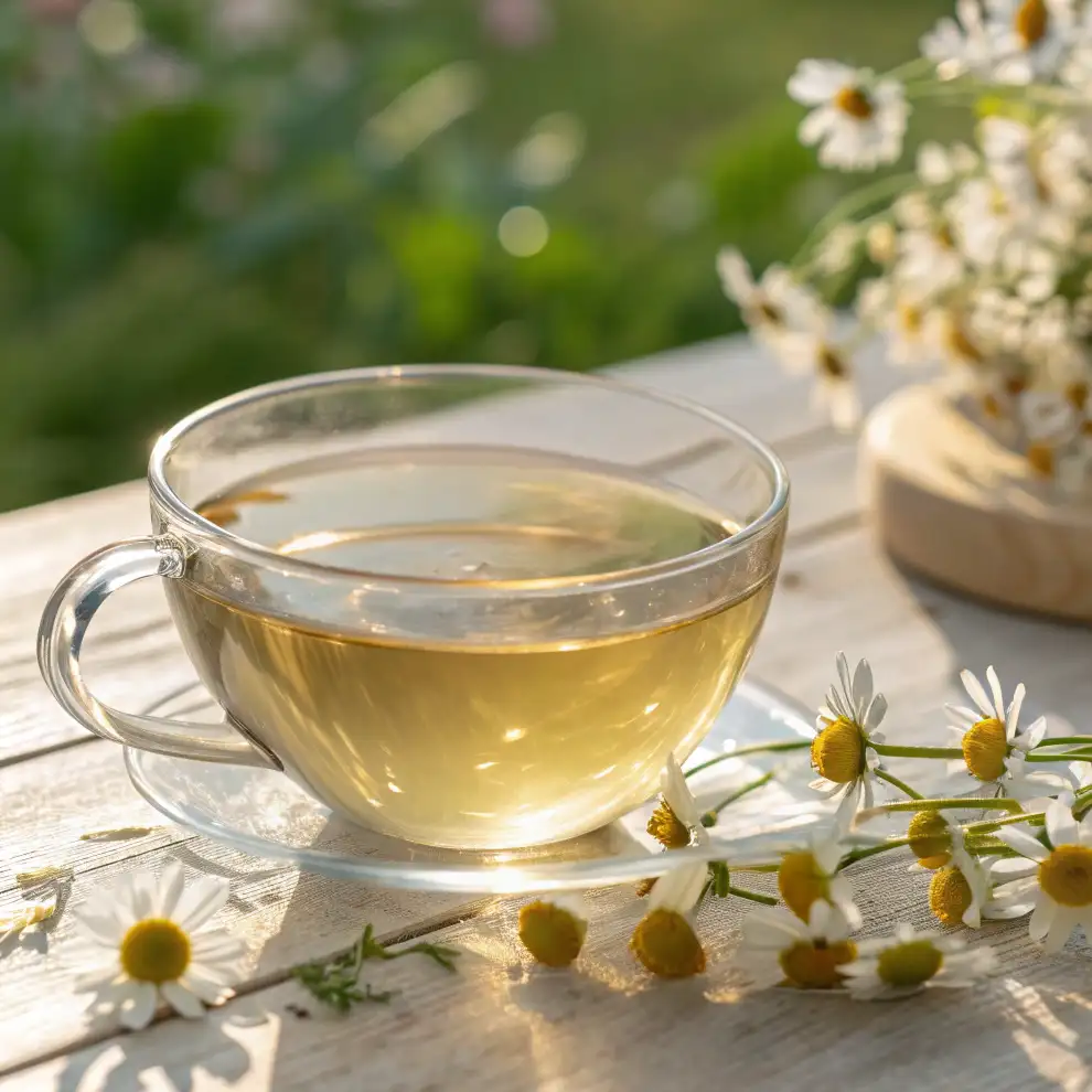 Infusion de tisane à la camomille avec une décoration de menthe et cannelle.