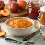 Bocaux stérilisés remplis de confiture de pêche maison, prêts pour la conservation.
