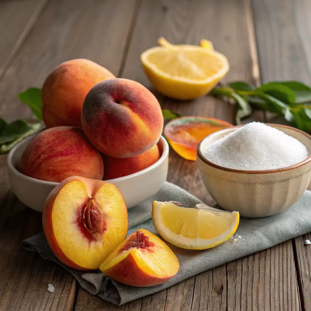 Préparation de confiture de pêche dans une casserole avec les pêches écrasées et le sucre.