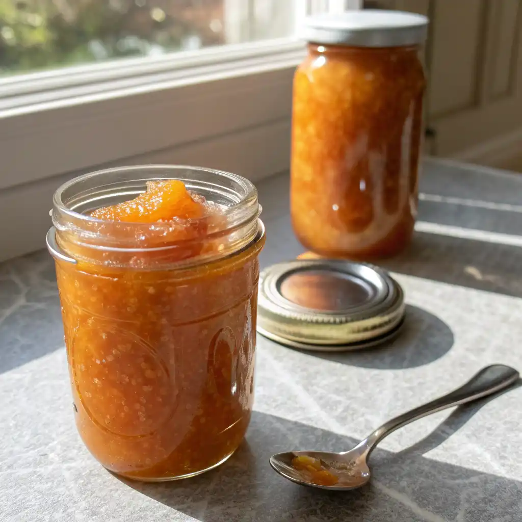 Pot de confiture de pêche maison prêt à être dégusté sur une tartine.