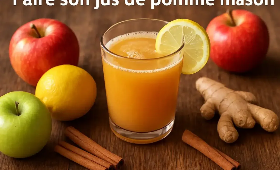 Verre de jus de pomme fraîchement préparé pour faire son jus de pomme, entouré de pommes et d’ingrédients frais.