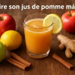 Verre de jus de pomme fraîchement préparé pour faire son jus de pomme, entouré de pommes et d’ingrédients frais.