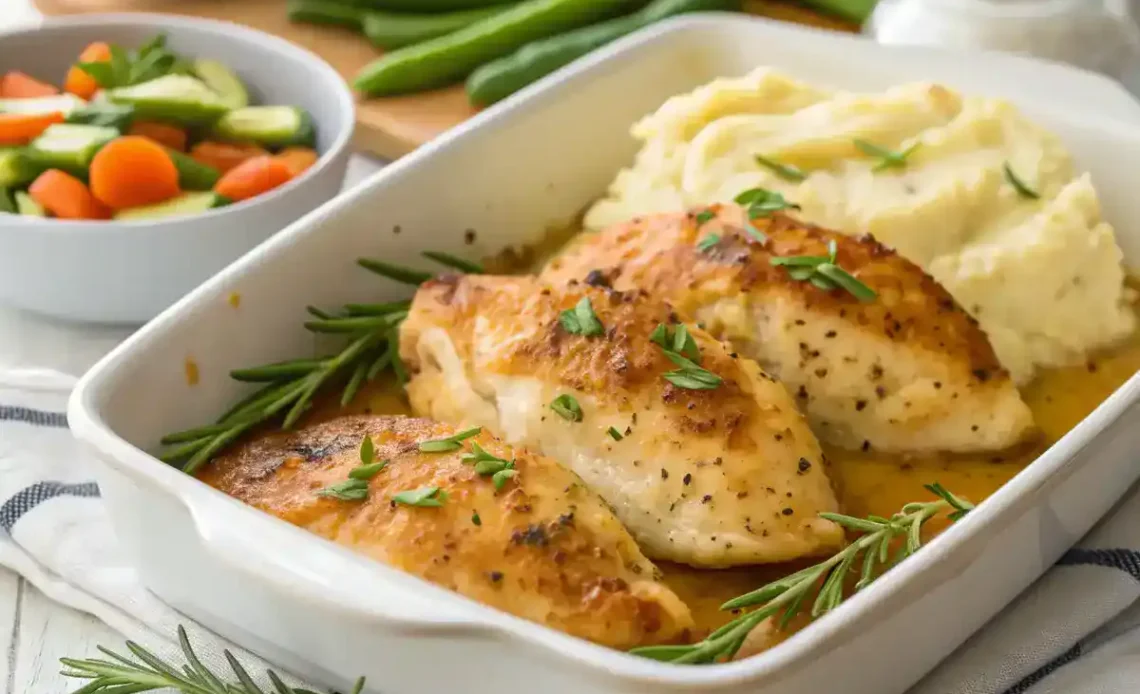 Filets de poulet au four dorés et juteux servis avec légumes et purée