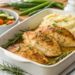 Filets de poulet au four dorés et juteux servis avec légumes et purée