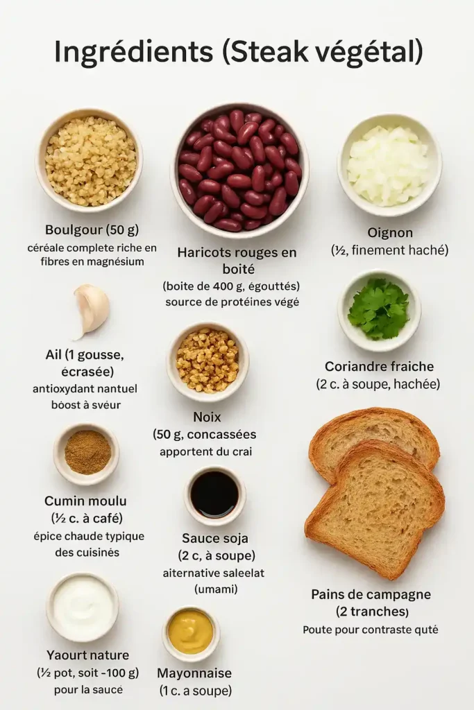 Présentation colorée des ingrédients essentiels pour la recette de Steak Végétal