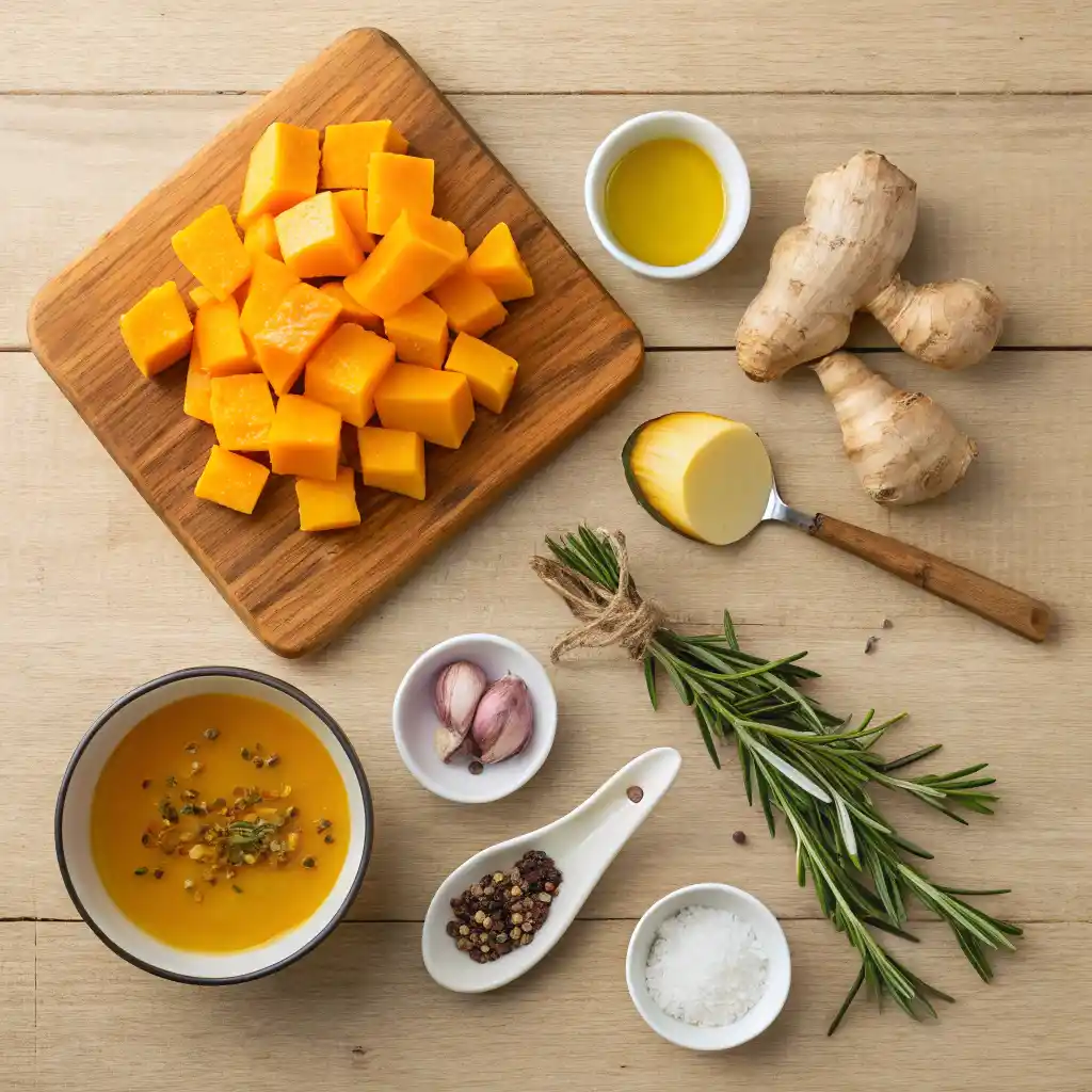 Légumes sautés et herbes pour préparer la soupe butternut crémeuse