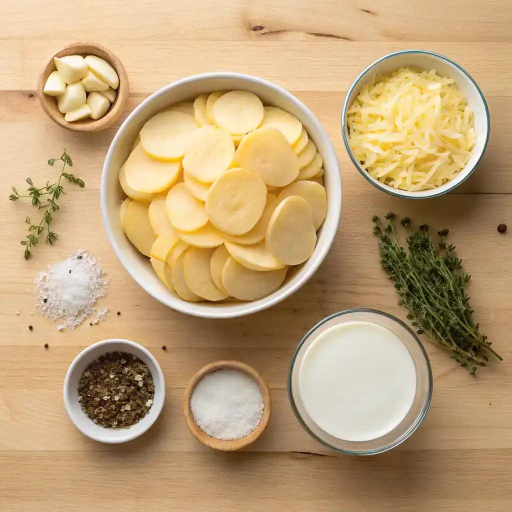 Mise en place des ingrédients pour Pommes Dauphinoise dans une cuisine chaleureuse et lumineuse