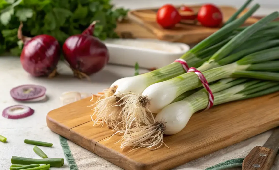 Botte fraîche d’oignons nouveaux avec racines et fanes vertes sur une table rustique
