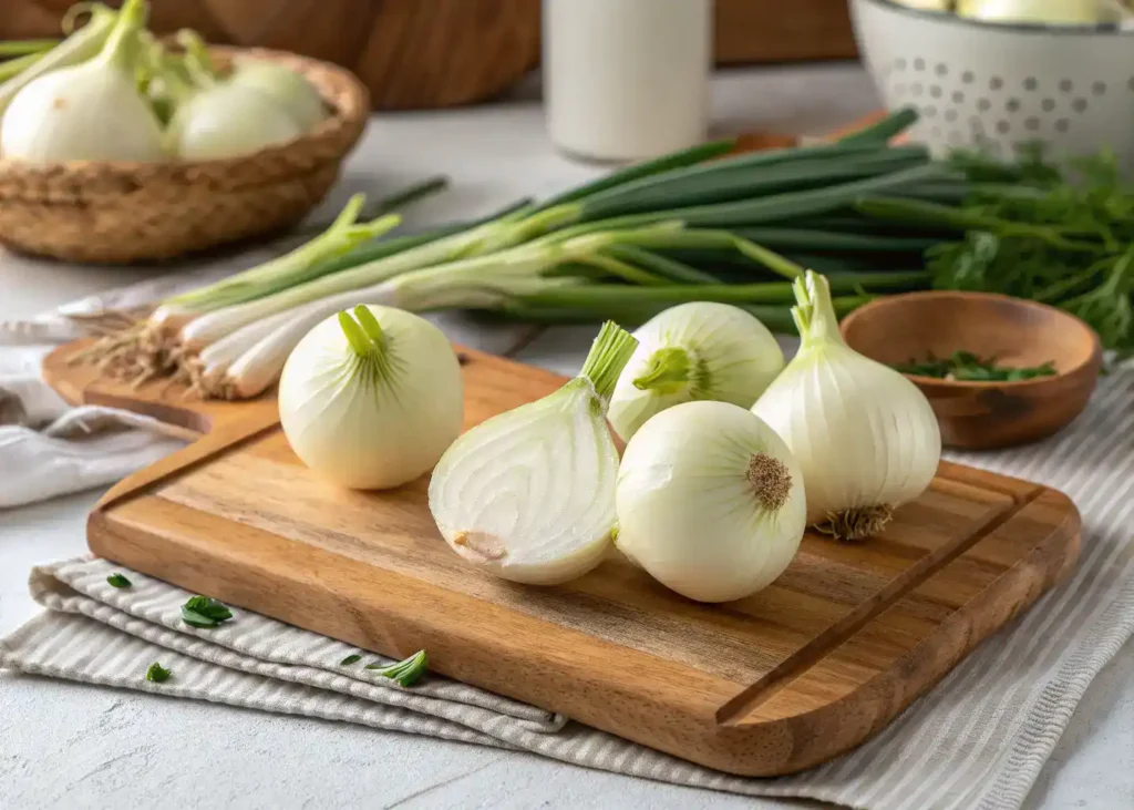 Salade printanière colorée garnie de tranches d’oignons nouveaux frais
