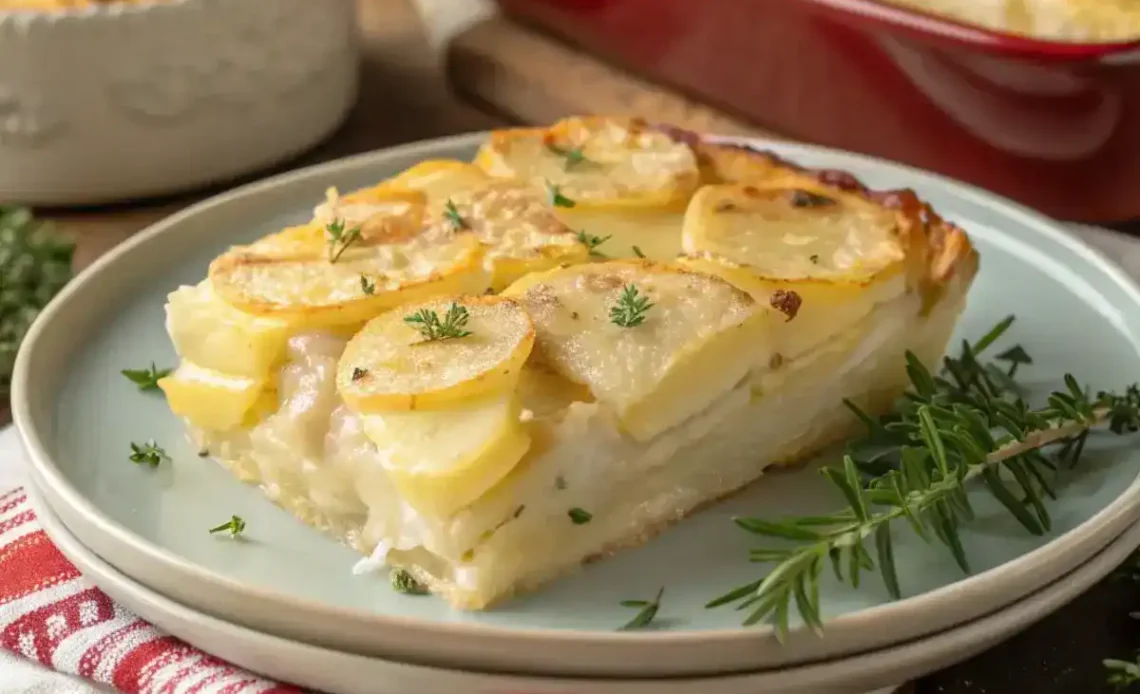 Ingrédients frais pour Pommes Dauphinoise : pommes de terre Yukon Gold, ail, Gruyère et crème sur un plan de travail