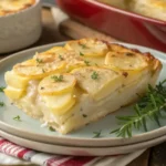 Ingrédients frais pour Pommes Dauphinoise : pommes de terre Yukon Gold, ail, Gruyère et crème sur un plan de travail