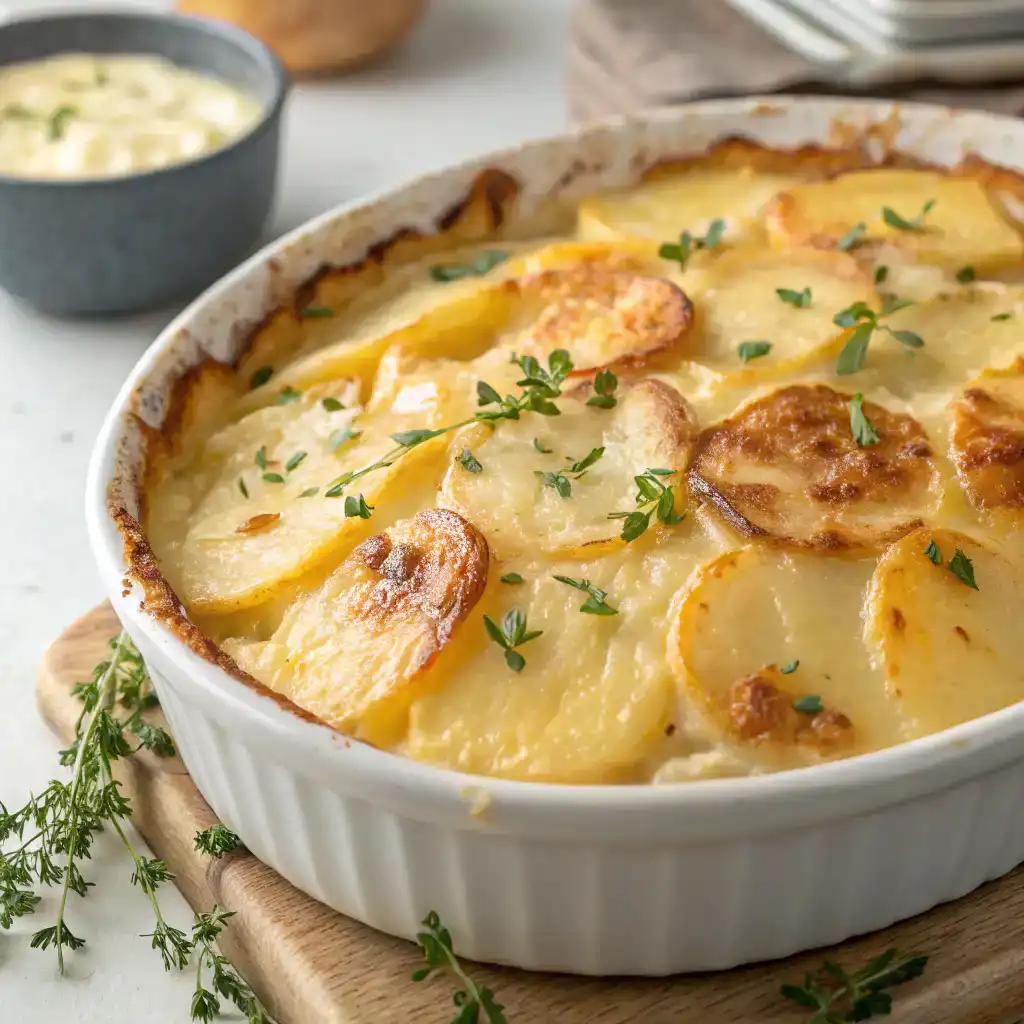 Préparation des Pommes Dauphinoise : beurre, lait, épices et herbes fraîches prêtes à être utilisées