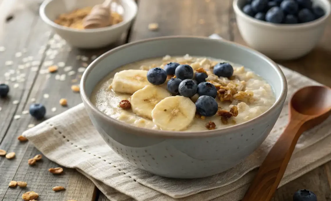 Version salée du recette porridge servie avec un œuf au plat et oignons verts.