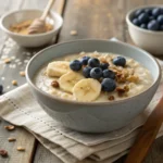 Version salée du recette porridge servie avec un œuf au plat et oignons verts.